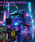 Devil Eyes LED Lights For Windshield 2 Pack 23.6In X 4.7In on truck with remote control and app interface in neon city