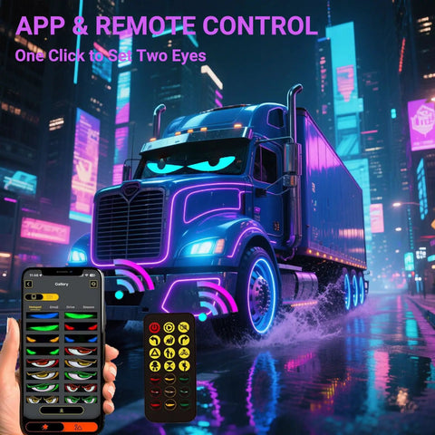 Devil Eyes LED Lights For Windshield 2 Pack 23.6In X 4.7In on truck with remote control and app interface in neon city