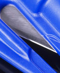 Close-up of blade of blue Emergency Car Escape Tool 2 In 1 Seat Belt Cutter And Window Breaker With Visor Clip Lanyard Keyring