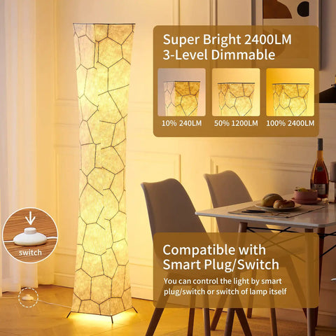 52 Inch Dimmable Floor Lamp With Twin 12W LED Bulbs Delivering 2400 Lumens, Marble Fabric Shade in cozy living room