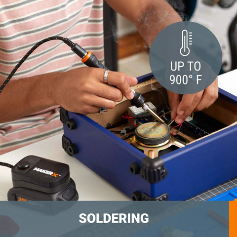 Person using soldering tool from 2 Piece Crafting Tool Combo Kit Rotary Tool And Wood And Metal Crafter With Universal Bit Compatibility