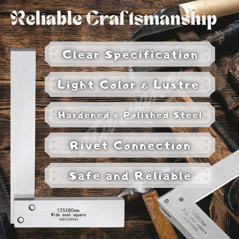 Pro Grade Square Set with L Type Ruler on wooden surface showcasing reliable craftsmanship and specifications.