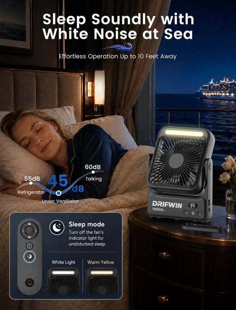 Woman sleeping with Cruise Certified Portable Fan With Night Light 10000mAh Ultra Slim Travel Fan 4 Speed Modes in bedroom