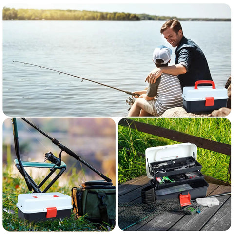Family fishing by lake with All In One 3 Layer Tackle Box With 213 Pcs Lures Kit And Handy Tool Kit on grassy shore