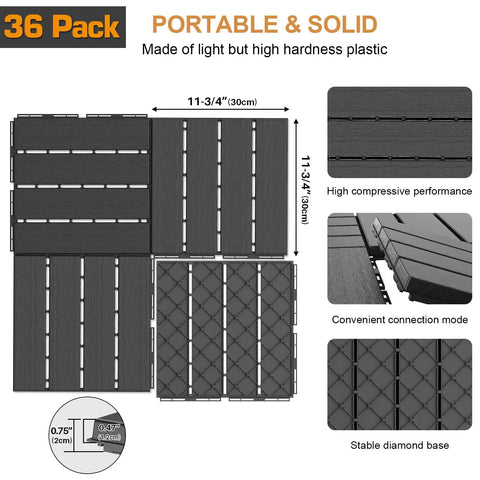 Diagram of interlocking plastic deck tiles 12x12 inch, 36 pack with measurements and connection details, all weather use, dark grey color.