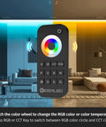 Dope 2.4G Wireless 5 Channel RGB CCT LED Controller With RF Remote showcasing color wheel in vibrant room setting.
