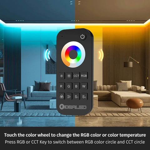 Dope 2.4G Wireless 5 Channel RGB CCT LED Controller With RF Remote showcasing color wheel in vibrant room setting.