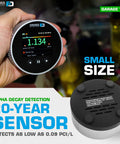 Heavy Hitter Radon Detector For Homeowners Featuring Upgraded Version 2.0 with color LCD display in hand during garage test.
