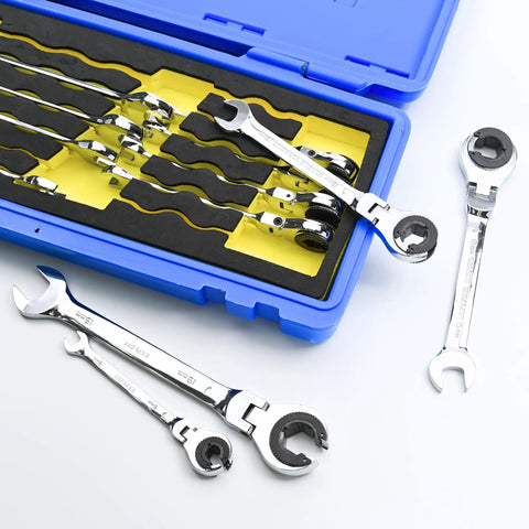 72-Tooth Ratcheting Wrench Set With Open Flex-Head, 180-Degree Pivot, And 12-Piece Tubing Wrench Kit in blue case
