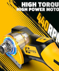 Close-up of Cordless Electric Scissors Plug In Ready For DeWalt 20v Max Battery With 440rpm Motor. Highlighting motor details.
