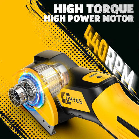 Close-up of Cordless Electric Scissors Plug In Ready For DeWalt 20v Max Battery With 440rpm Motor. Highlighting motor details.