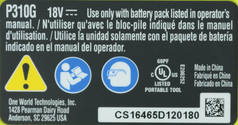 Warning label on 18V Pistol Grip Caulk Gun With Variable Discharge Rate, safety instructions, model P310G, battery requirements.