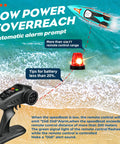 Graphic showing remote control range and features of 18 Inch Brushless RC Boat For Lakes And Pools Big Fast Remote Control Speed Boat Up To 55 KMH With 2500mAh Battery Waterproof Design Kid And Adult Friendly HJ816 Green.