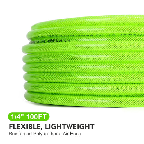 Flexible One Quarter Inch 100 Foot Reinforced PU Air Hose With Fittings And Plug Kit in green, coiled view