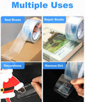 Heavy Duty Packing Tape 12 Roll Set Clear 2.7 Mil Thick 1.88 Inch Wide 60 Yards Per Roll 720 Total Yards Ideal For Shipping Moving And Sealing Ultra Clear Strong Adhesive used for sealing boxes, repairing books, and decorating as shown in multiple application examples.