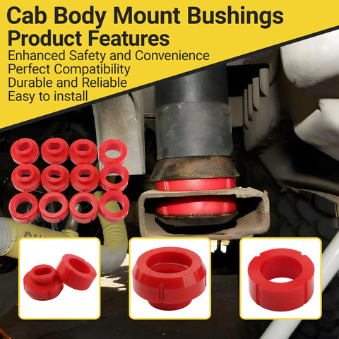 Close-up of Chevy 81-87 Polyurethane Body Cab Mount Bushing Kit 12 Piece Direct Fit Heavy Duty for C10 C20 K10 K20 K30 GMC trucks