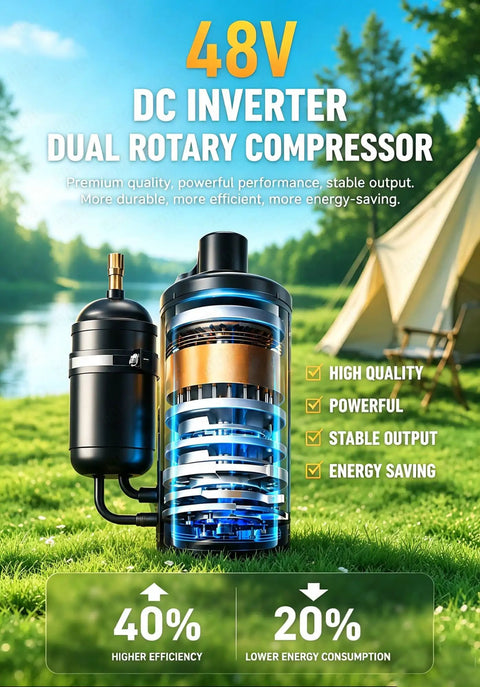 48V DC Inverter Dual Rotary Compressor showcasing high efficiency and energy savings, ideal for portable AC systems.