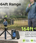 Wireless Mini Lapel Microphone For iPhone And Android displayed with 164ft range and crystal-clear audio for outdoor vlogging.