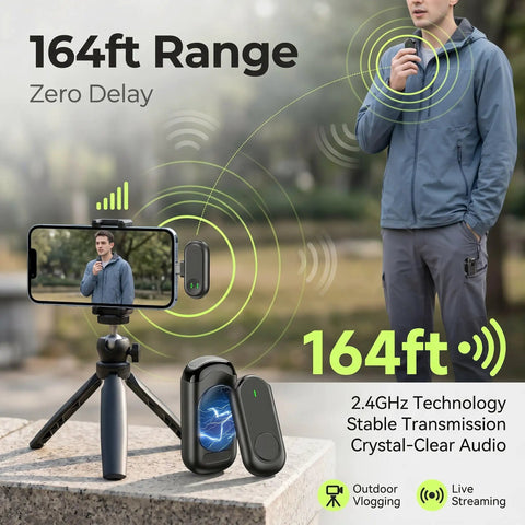 Wireless Mini Lapel Microphone For iPhone And Android displayed with 164ft range and crystal-clear audio for outdoor vlogging.