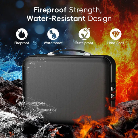 Fireproof Document Box With Lock, Waterproof Hard Shell Safe For Home Office, Portable File Organizer shown with fire and water resistance features.