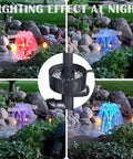 All-In-One Pond Filter With Submersible Pump And Fountain Kit for Outdoor Ponds, showcasing night lighting effect with colorful fountains.