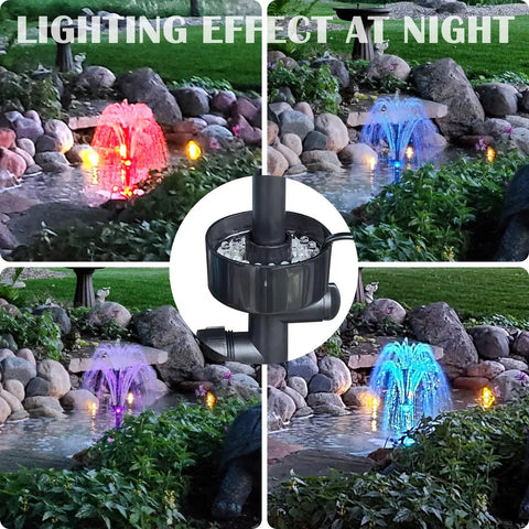 All-In-One Pond Filter With Submersible Pump And Fountain Kit for Outdoor Ponds, showcasing night lighting effect with colorful fountains.