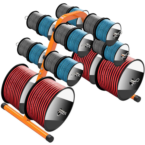No Sweat Portable Wire Spool Rack And Cable Dispenser With Six Adjustable Steel Rods holding assorted cable spools in orange steel.