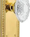 Meadows Plate With Crystal Victorian Knob Passage Door Set, Brass Backset 2.75 Inches, ornate solid brass plate with crystal knob