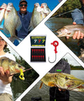 12 Piece Crappie Jig Heads Kit With Hollow Scent Holder for Long Lasting Odor Attracting Fish Dual Side Hooks for Crappie and Bass, display of jigs and fish caught, includes 1/16, 1/8, 3/16 ounce jigs in white, yellow, red