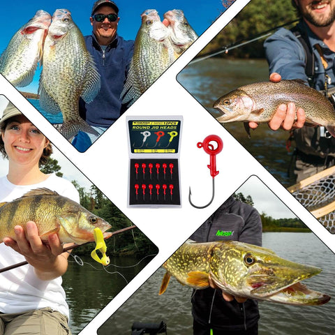 12 Piece Crappie Jig Heads Kit With Hollow Scent Holder for Long Lasting Odor Attracting Fish Dual Side Hooks for Crappie and Bass, display of jigs and fish caught, includes 1/16, 1/8, 3/16 ounce jigs in white, yellow, red