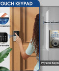 Woman using the touchscreen smart lock with no key needed entry next to a worn physical keypad on the front door.