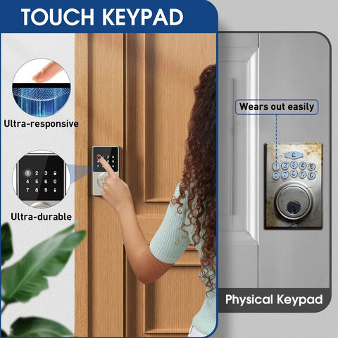 Woman using the touchscreen smart lock with no key needed entry next to a worn physical keypad on the front door.