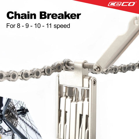 Ultra Slim 13 Function Bike Tool With Chain Breaker showing chain repair close-up for 8-11 speed bikes.