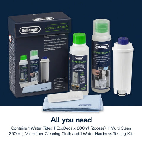 Must Have Essential Coffee Machine Maintenance Kit With BPA Free Water Filter Ion Exchange Tech Activated Carbon Plant Based Descaler For Most Espresso Machines With Filters DLSC306 Black, 200ml bottle, 250ml cleaner, cloth and filter