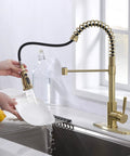 Brushed Gold Kitchen Faucet With Dual Function Pull Out And Pull Down Sprayer, featuring no-fuss installation and wide reach spout in use