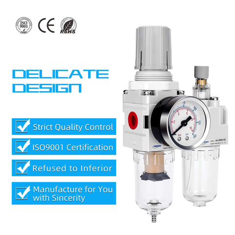 One Quarter Inch NPT Air Filter Regulator Lubricator Combo with semi-auto drain, poly bowl, 150 psi gauge, 5 micron brass filter