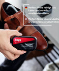 Instant Black Shoe Shine Sponge For Leather Shoes And Boots Delivers Legit Quick Polish Action With A Slick No Sweat Shine That Keeps Your Kicks Lookin Fresh Without Any Messy Hassle, held above polished brown shoe.