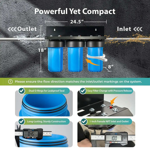 Heavy Metals Whole House Water Filter System with three blue filtration canisters, measuring 24.5 inches long and 18 inches high.