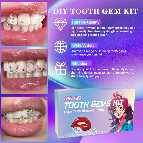DIY Tooth Gem Kit With Safe Crystals, Teeth Gem Set For Fashionable Smiles, Starter Dental Jewelry Kit With Durable Flat Bottom Gems For Quick Sparkle And Natural Looking Shine, showcasing diverse tooth gem decorations on teeth and product packaging.
