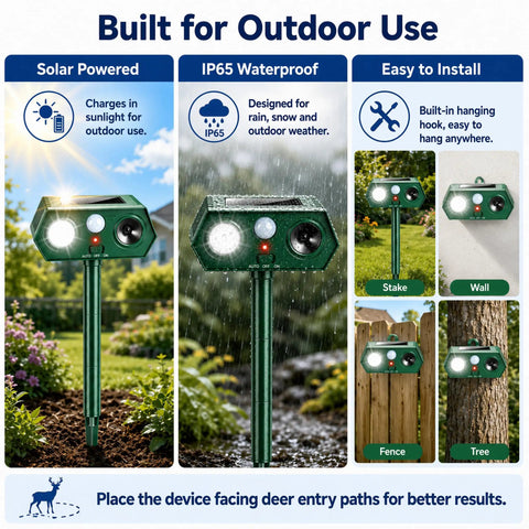 Two Gear Solar Ultrasonic Animal Deterrent With Motion Sensor Strobe Flash Yard Garden Deer Cat Rabbit Repeller For Plants And Vegetables Habituation Proof 2026 Upgrade on stake, wall, fence, and tree