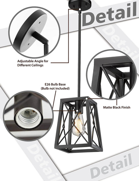 Detail view of Farmhouse Pendant Light With Metal Wire Cage In Matte Black Vintage Geometric Hanging Lantern Style 1 Light Fixture