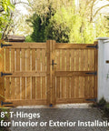 Wooden gate with 6 Pack 8 Inch T Strap Hinges Heavy Duty Shed Door Hinges Gate Strap Black Tee Hinge For Wooden Fences Yard Barn Doors Gates Durable Steel Construction