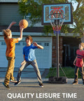 Three children playing basketball in a driveway with Adjustable Outdoor Basketball Hoop On Wheels Portable System With 32 Inch Backboard Fillable Base And Height From 4.82 To 8.53 Feet For Backyard Driveway Play For Kids Teens And Adults