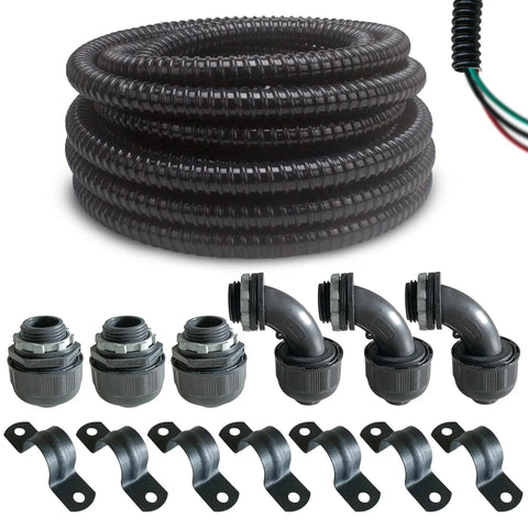 1/2 Inch Diameter 25 Foot Black Extra Flexible PVC Electrical Conduit Kit With Liquid Tight Non Metallic Sealtight Flex Featuring 3 Couplings, 3 Elbows, 7 Straps For Easy Wiring, Cable, HVAC, Refrigeration And Landscape Lighting.