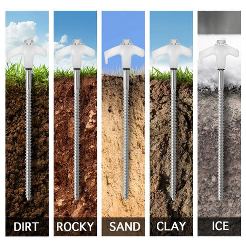Heavy Duty 12 Pack Tent Stakes 8 Inch Ground Anchors Screw In With Glow In The Dark Heads shown in different terrains