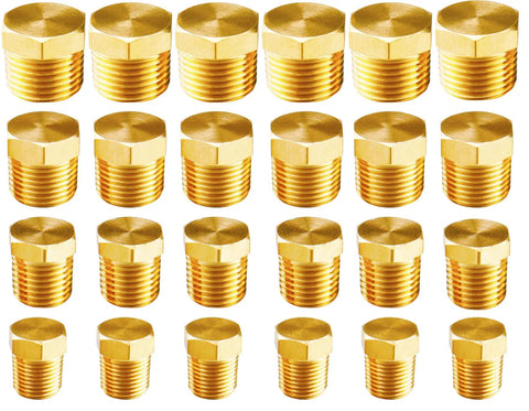 Brass Hex Pipe Plug Fittings Kit 24 Piece Set with NPT Male Threaded Plugs for DIY plumbing, showing all sizes in a row.
