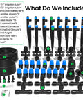 230 Foot Quick Connect Drip Irrigation Kit with tubing, nozzles, and connectors displayed on white surface