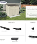 34 Cu Ft Horizontal Resin Storage Shed With Floor Included in Vanilla Stone, shown with compatible accessories like shelves and hooks.