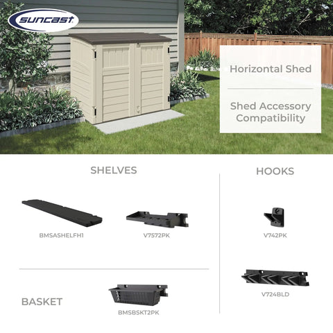 34 Cu Ft Horizontal Resin Storage Shed With Floor Included in Vanilla Stone, shown with compatible accessories like shelves and hooks.