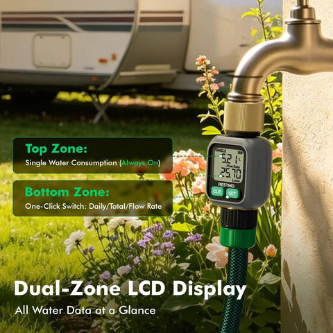 Dual Zone Display Water Flow Meter With Big LCD Screen For Real Time Usage Tracking Built Tough Brass Meter Great For Home Garden And Irrigation Monitoring on hose